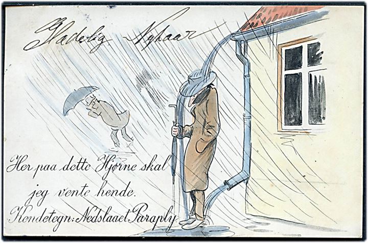 Alfred Schmidt: Her paa dette Hjørne skal jeg vente hende. Kendetegn: Nedslaaet Paraply. Stenders u/no.
