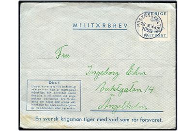 Militärbrev med langt indhold stemplet Postanstalten 1025 * (= Karlskrona) d. 28.9.1944 til Ängelholm. Sendt fra soldat ved 3. Komp. Örlogsstationen, Karlskrona. Bortklippet svarmærke.