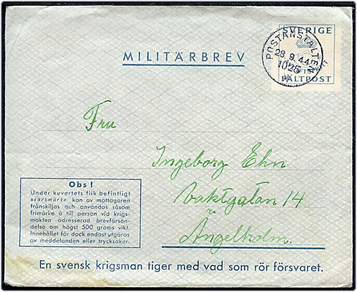 Militärbrev med langt indhold stemplet Postanstalten 1025 * (= Karlskrona) d. 28.9.1944 til Ängelholm. Sendt fra soldat ved 3. Komp. Örlogsstationen, Karlskrona. Bortklippet svarmærke.