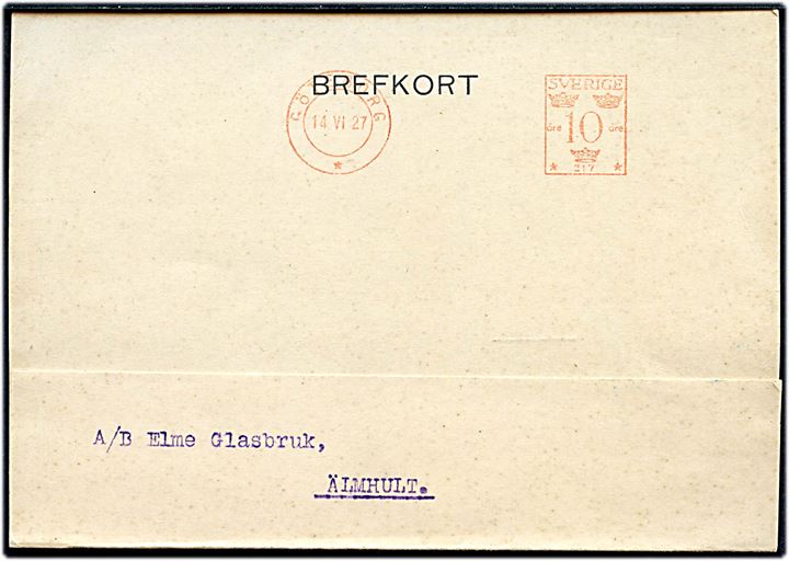 10 öre firmafranko no. 217 frankeret brevkort fra firma ferd. Lundquist & Co. i Göteborg d. 14.6.1927 til Älmhult. Meget lille frankostempel.