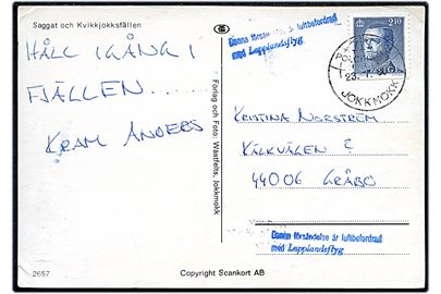 2,10 kr. på brevkort annulleret med særstempel Polcirklen Jokkmokk d. 23.7.1986 og sidestemplet Denna försändelse är luftbefordrad med Lapplandsflyg til Gråbo.