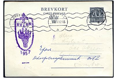 20 öre helsagsbrevkort med primitivt spejderstempel AVERN 1957 sendt lokalt i Örebro d. 2.8.1957. Dateret Avernläger og sendt fra deltagende spejder.