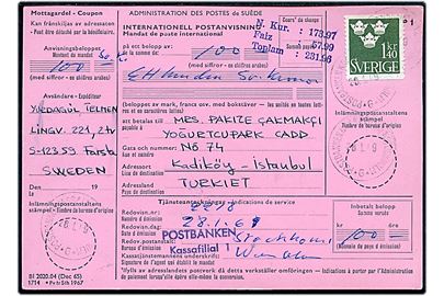 1,40 kr. Tre Kroner på international postanvisning stemplet Postbanken Kassafilial 1 Stockholm d. 28.1.196? til Istanbul, Tyrkiet.
