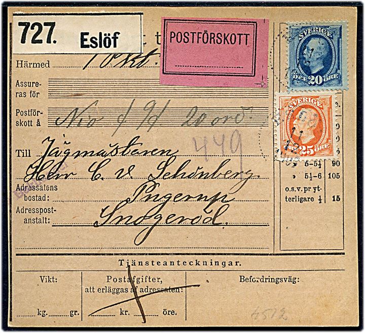 20 öre og 25 öre Oscar II på adressekort for pakke med postopkrævning fra Eslöf d. 11.12.1907 til Snogeröd.