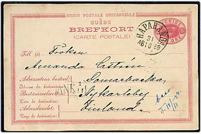 10 öre helsagsbrevkort fra Haparanda d. 31.10.1888 til Nykaleby, Finland.