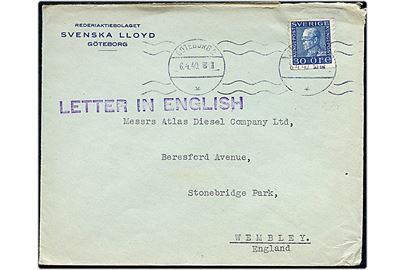 30 öre Gustaf på brev fra Svenska Lloyd i Göteborg d. 6.4.1940 til Wembley, England. Liniestempel Letter in English, men uden censur.