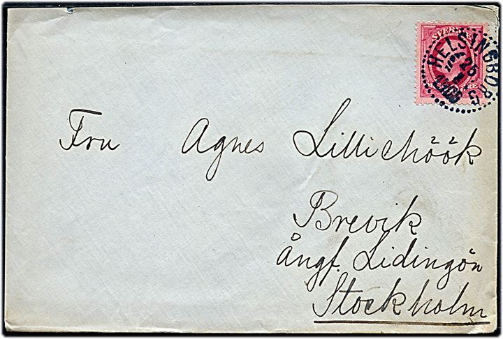10 öre Oscar II på skærgårdsbrev fra Helsingborg d. 25.8.1905 til Brevik pr. ångf. Lidingön, Stockholm.