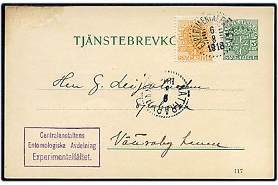 5 öre helsags tjenesbrevkort opfrankeret med 2 öre Tjenestemprke fra Centralanstaltens Entomologiska Avdeling stemplet Experimentalfältet d. 6.8.1918 til Nättrabyhamn.