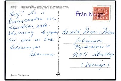 60 øre på brevkort fra Meråker annulleret med liniestempel Från Norge til Mullsjö, Sverige.