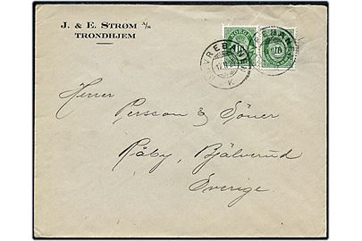 10 øre Posthorn (2) på brev fra Trondhjem annulleret med bureaustempel Dovrebanen K d. 17.2.1924 til Råby, Sverige.