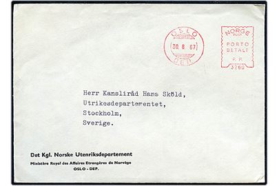 Fortrykt kuvert fra Det kgl. Norske Utenriksdepartement med frankostempel Norge/Porto Betalt/P.P. / Oslo Dep. d. 30.8.1967 til kansliråd Hans Sköld ved det svenske udenrigsministerium i Stockholm. 