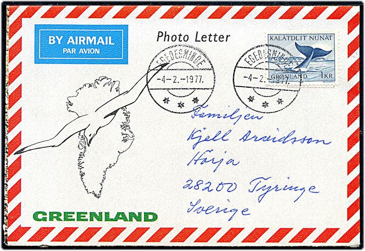 1 kr. Grønlandshval på Photo Letter stemplet Egedesminde d. 4.2.1977 til Tyringe, Sverige.