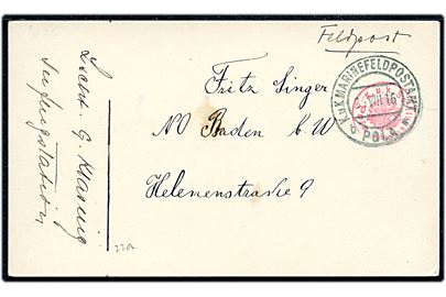 Ufrankeret feltpostkort stemplet K.u.K. Marinefeldpostamt Pola d. 24.8.1916 til Baden. Rødt briefstempel: K.u.K. Seeflugstation Pola.