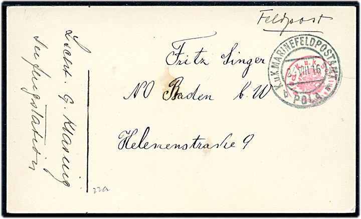 Ufrankeret feltpostkort stemplet K.u.K. Marinefeldpostamt Pola d. 24.8.1916 til Baden. Rødt briefstempel: K.u.K. Seeflugstation Pola.