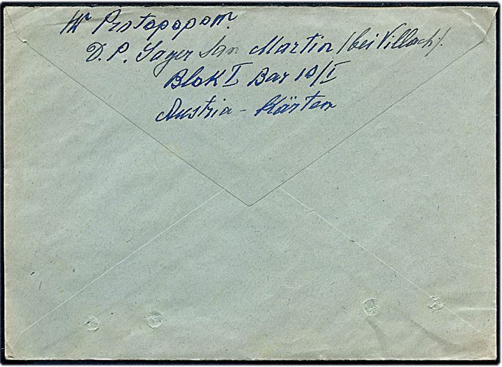 2,40 s. på brev stemplet Felstritz Rosenthal d. 11.3.1955 til Slaviska Mission i Stockholm, Sverige. Sendt fra flygtning i D.P. Lager San Martin bei Villach, Østrig.