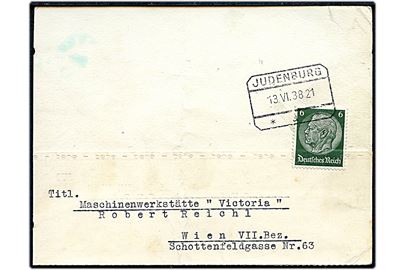 6 pfg. Hindenburg på Anschluss brevkort annulleret med østrigsk rammestempel Judenburg d. 13.6.1938 til Wien. Fold.
