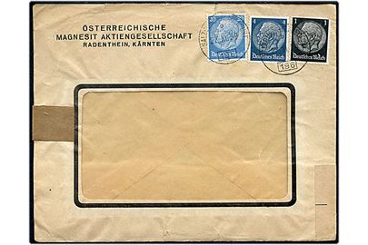 1 pfg., 4 pfg. og 20 pfg. Hindenburg på Anschluss rudekuvert fra Radenthein annulleret med østrigsk bureaustempel Salzburg - Klagenfurt 196 d. 27.11.1939. Åbnet af tysk censur.