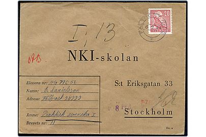 20 öre Gustaf på brev annulleret Fältpost Nr. 22 d. 6.2.1944 til NKI-skolen i Stockholm. Fra soldat ved feltpost nr. 24222.