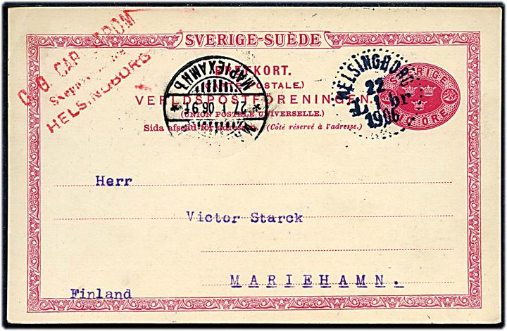 10 öre helsagsbrevkort fra Helsingborg d. 22.1.1906 til Mariehamn på Ålandsøerne. Ank.stemplet med 2-sproget stempel d. 27.1.1906.