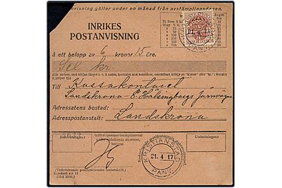 15 öre Tjenestemærke single på indenrigs postanvisning fra Kristianstad d. 21.4.1917 til Landskrona.