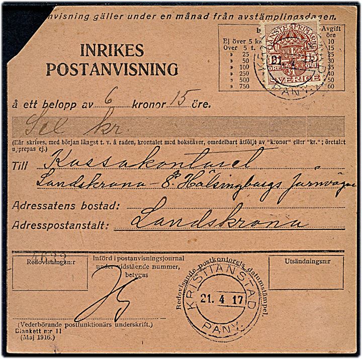 15 öre Tjenestemærke single på indenrigs postanvisning fra Kristianstad d. 21.4.1917 til Landskrona.
