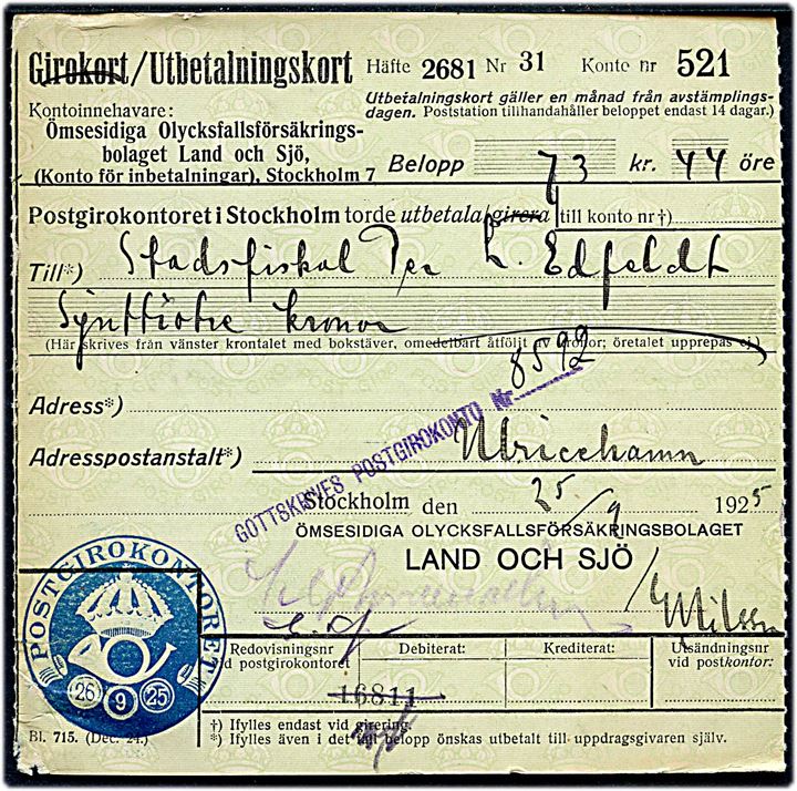 Udbetalingskort til Ulricehamn med spændende blåt stempel fra Postgirokontoret d. 26.9.1925.