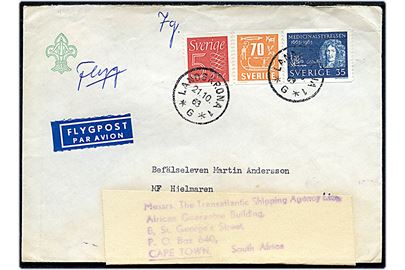 5 öre, 35 öre og 70 öre på blandingsfrankeret luftpostbrev fra Landskrona d. 21.10.1963 til sømand ombord på M/F Hjelmaren via rederiadresse og eftersendt til skibet i Cape Town, Sydafrika.