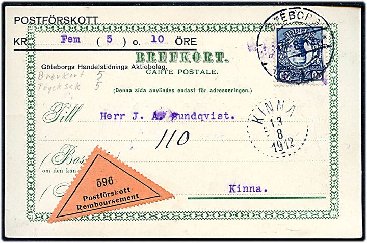 20 öre Gustaf single på brevkort med postopkrævning fra Göteborg d. 12.8.1912 til Kinna.