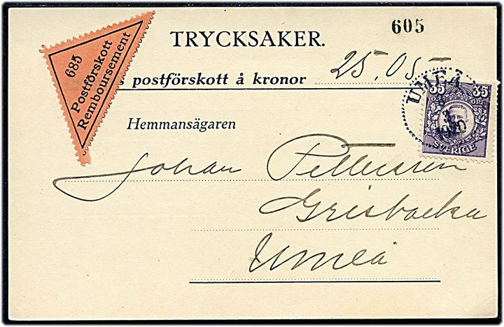35 öre Gustaf single på tryksagskort med postopkrævning fra Umeå d. 8.3.1920 til Umeå.