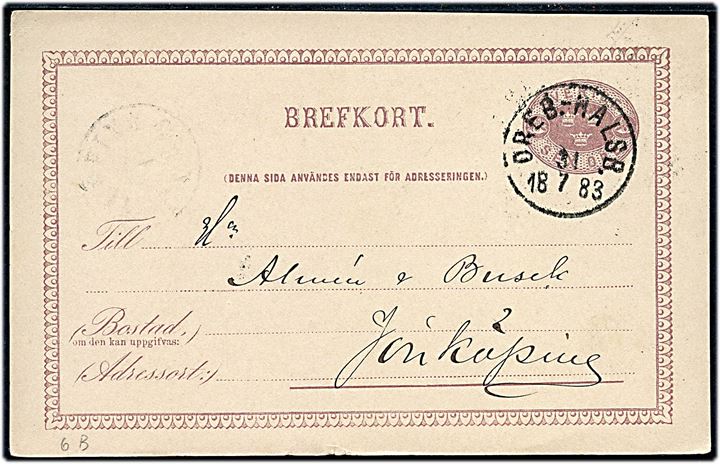 6 öre helsagsbrevkort fra Örebro annulleret med bureaustempel Öreb.-Hälsb. d. 31.7.1883 til Jönköping.