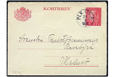 15 öre Gustaf helsagskorrespondancekort fra Willsjö annulleret med bureaustempel PLK 139A (=Nässjö - Malmö) d. 20,6,1931 til Malmö.