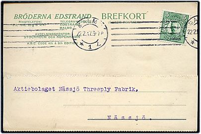 5 öre Gustaf med perfin B.E. på brevkort fra firma Bröderna Edstrand i Malmö d. 22.2.1917 til Nässjö.