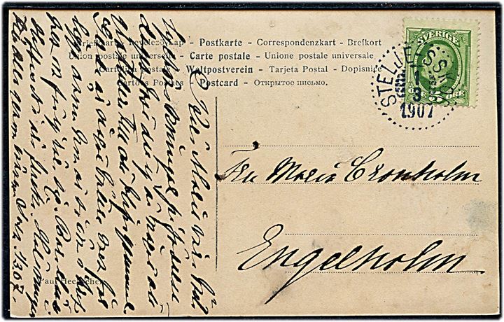 5 öre Oscar II på brevkort annulleret med bureaustempel STELJE-SSKOG d. 1.3.1907 til Engelholm.
