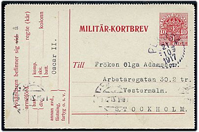 10 öre Militär-Kortbrev fra panserskibet Oscar II dateret i Nynäs med bureaustempel PLK 354 (= Stockholm - Älvsjö - Nynäshamn) d. 21.10.1917 til Stockholm.