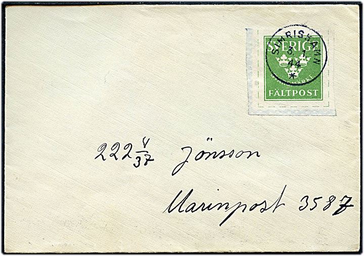 Fältpost Svarmärke på brev stemplet Simrishamn d. 3.1.1944 til Marinpost 3587 = Spärrfartyget Egil.