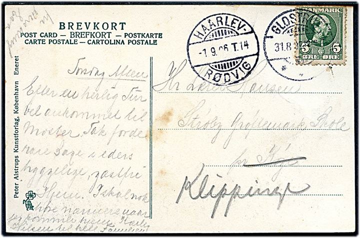 5 øre Chr. IX på brevkort (Stevns Fyr) fra Glostrup d. 31.8.1906 til Strøby Grøftemark Skole pr. Køge - omadresseret til pr. Klippinge med bureaustempel Haarlev - Rødvig T.14 d. 1.9.1906.
