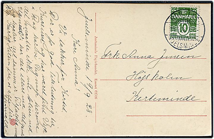 10 øre Bølgelinie på brevkort fra Juelsminde annulleret med bureaustempel Horsens - Juelsminde T.7 d. 19.9.1928 til Kerteminde.