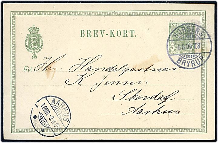5 øre Fr. VIII helsagsbrevkort fra Løndal annulleret med bureaustempel Horsens - Bryrup T.8 d. 8.6.1909 til Aarhus.