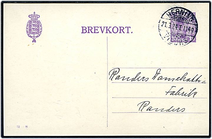 15 øre Chr. X helsagsbrevkort (fabr. 72-H) fra Sunds annulleret med bureaustempel Herning - Viborg T.1149 til 21.3.1924 til Randers.