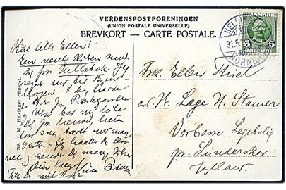 5 øre Fr. VIII på brevkort fra Hellebæk annulleret med bureaustempel Helsingør - Hornbæk T.8 d. 31.5.1910 til Lunderskov.