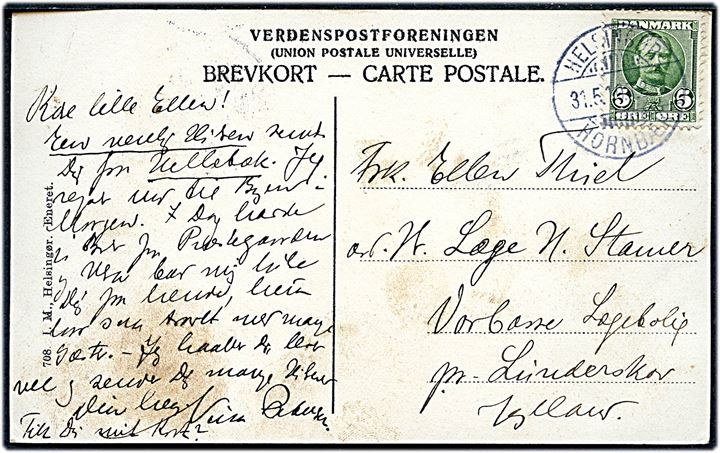 5 øre Fr. VIII på brevkort fra Hellebæk annulleret med bureaustempel Helsingør - Hornbæk T.8 d. 31.5.1910 til Lunderskov.