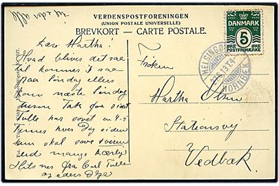 5 øre Bølgelinie på brevkort fra Hornbæk annulleret med bureaustempel Helsingør - Hornbæk T.4 d. 27.6.1913 til Vedbæk.