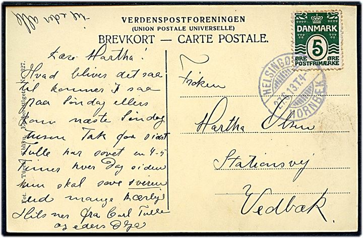 5 øre Bølgelinie på brevkort fra Hornbæk annulleret med bureaustempel Helsingør - Hornbæk T.4 d. 27.6.1913 til Vedbæk.
