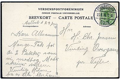 5 øre Chr. X på julekort fra Aalbæk annulleret med bureaustempel Frederikshavn - Skagen T.23.6.1918 til Vinding Overgaard pr. Vejle.