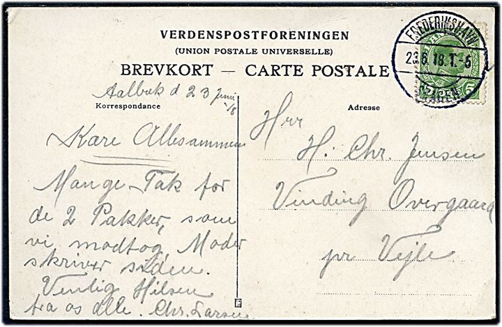 5 øre Chr. X på julekort fra Aalbæk annulleret med bureaustempel Frederikshavn - Skagen T.23.6.1918 til Vinding Overgaard pr. Vejle.