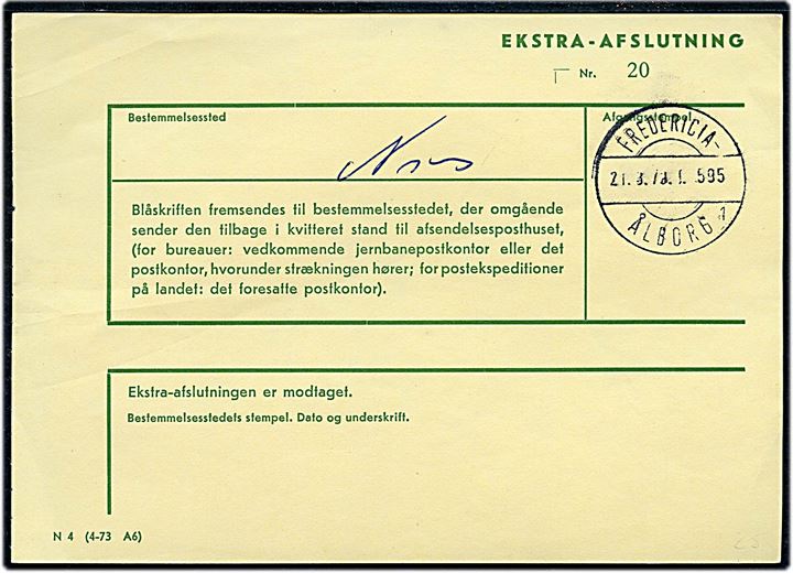 Ekstra-Afslutning formular N4 (4-73 A6) med bureaustempel Fredericia - Ålborg sn1 T.595 d. 21.3.1979.