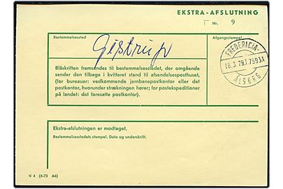 Ekstra-Afslutning formular N 4 (4-73 A6) med bureaustempel Fredericia - Ålborg T.7593A d. 16.3.1979 til Gistrup.