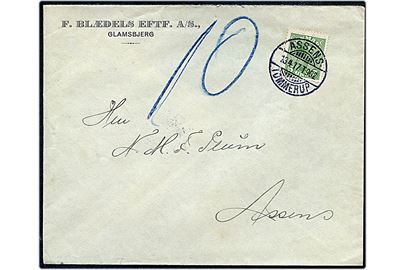 5 øre Chr. X på underfrankeret brev fra Glamsbjerg annulleret med bureaustempel Assens - Tommerup T.902 d. 13.4.1917 til Assens. Udtakseret i 10 øre porto.