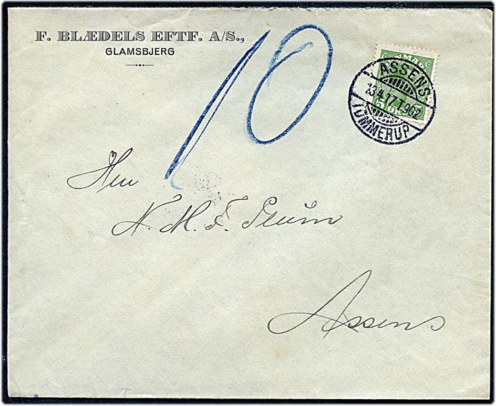 5 øre Chr. X på underfrankeret brev fra Glamsbjerg annulleret med bureaustempel Assens - Tommerup T.902 d. 13.4.1917 til Assens. Udtakseret i 10 øre porto.