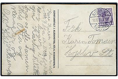 15 øre Chr. X på brevkort (Artisterne 3 Gilberts) annulleret med bureaustempel Hjørring - * Aabybro T.106 d. 11.10.1920 til Højslev.